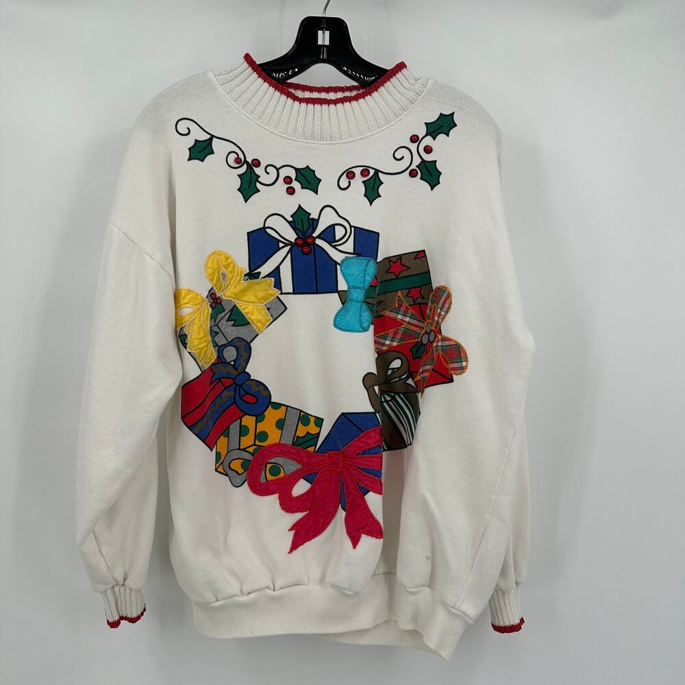 Hasting & Smith Womens Vintage Christmas‎ Sweatshirt Size L Holiday Kitschy 80s